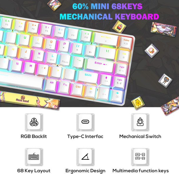 Portable 60% Mechanical Gaming Keyboard 18 Chroma RGB Backlit Ultra-Compact 68 Keys Dye Sublimation PBT Ergonomic Full Keys Anti-ghosting Compatible with PS4,PS5,PC,Gamers,Typist(White/Red Switch)