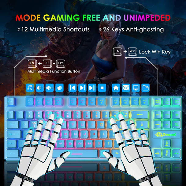 Gaming Keyboard and Mouse Combo,88 Keys Compact Rainbow Backlit Mechanical Feel Keyboard,RGB Backlit 6400 DPI Lightweight Gaming Mouse with Honeycomb Shell for Windows PC Gamers (Blue)