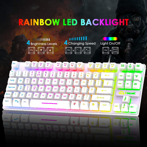 FELICON Gaming Keyboard and Mouse Combo,88 Keys Compact Rainbow Backlit Mechanical Feel Keyboard,RGB Backlit 6400 DPI Lightweight Gaming Mouse with Honeycomb Shell for Windows PC Gamers (White)