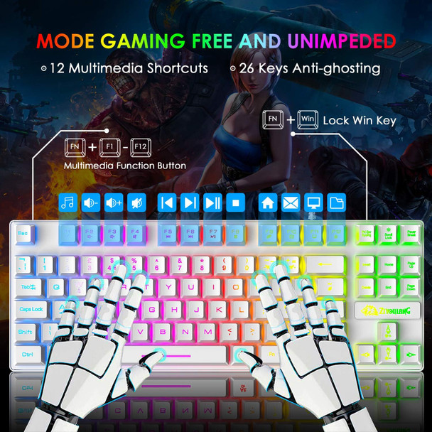 FELICON Gaming Keyboard and Mouse Combo,88 Keys Compact Rainbow Backlit Mechanical Feel Keyboard,RGB Backlit 6400 DPI Lightweight Gaming Mouse with Honeycomb Shell for Windows PC Gamers (White)