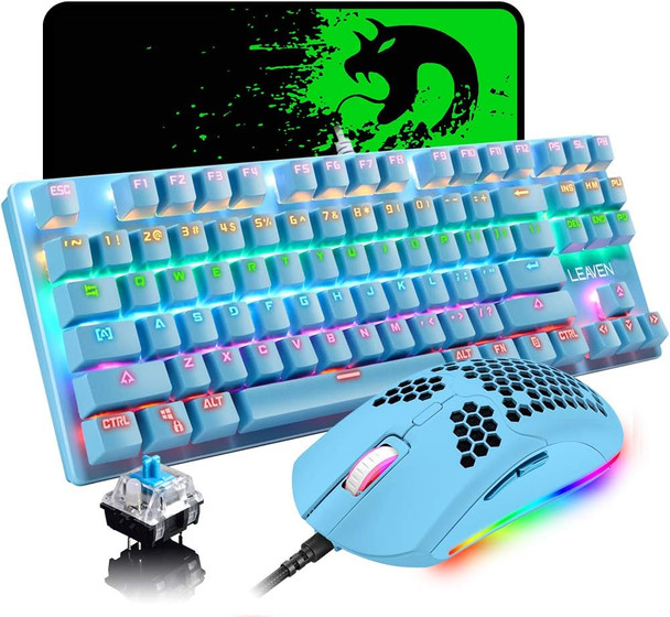Mechanical Gaming Keyboard and Mouse Combo,87 Keys Compact Rainbow Backlit Keyboard,RGB Backlit 6400 DPI Lightweight Gaming Mouse with Honeycomb Shell for Windows PC Gamers