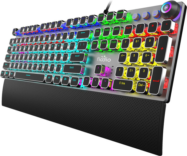 Mechanical Gaming Keyboard, LED Rainbow Gaming Backlit, 104 Anti-ghosting Keys, Quick-Response Black Switches, Multimedia Control for PC and Desktop Computer, with Removable Hand Rest