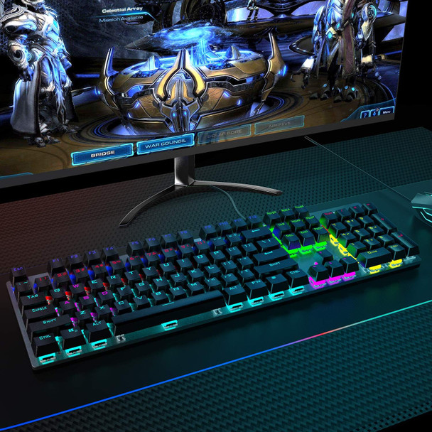 Mechanical Gaming Keyboard, Fantastic LED Rainbow Backlit Wired Keyboard, Full Anti-Ghosting Keys, with Quick-Response Blue Switches and Multimedia Control for PC and Desktop Computer
