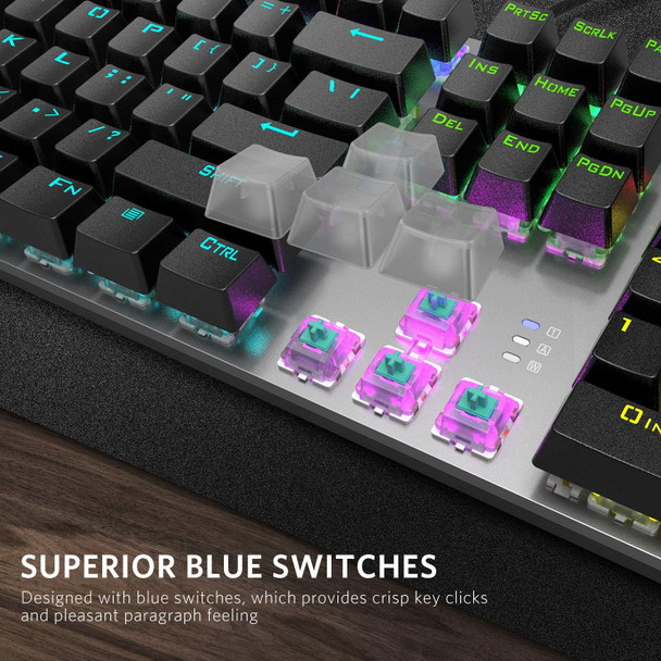 Mechanical Gaming Keyboard, Fantastic LED Rainbow Backlit Wired Keyboard, Full Anti-Ghosting Keys, with Quick-Response Blue Switches and Multimedia Control for PC and Desktop Computer