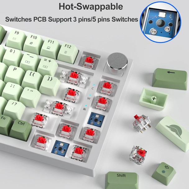 Fogruaden Wired 75% Mechanical Gaming Keyboard 75 Percent Matcha Keyboard Hot Swappable Gasket Mount, Red Switch, RGB Backlit 82 Keys TKL Mechanical Keyboard, NKRO Compact Keyboard with Knob