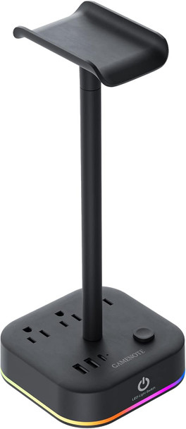 Gamenote RGB Headphone Stand & Power Strip 2 in 1 Desk Gaming Headset Holder with 3 USB Charging Ports & 3 Power Outlets Headphones Hanger Accessories for Desktop Gamer