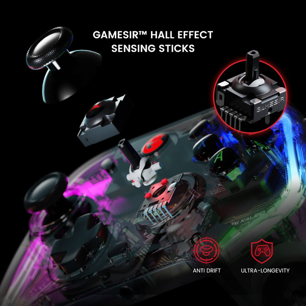 GameSir T4 Kaleid Transparent Wired Gaming Controller for Windows 10/11, Switch & Android TV Box, RGB Lights,PC Controller Hall Effect Joystick＆Triggers/3.5mm Audio Jack/Gyroscope