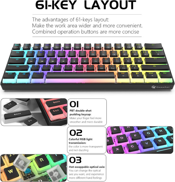 GK GAMAKAY MK61 RGB Pudding Keyboard, 61 Keys Gateron Optical Switch PBT Pudding Keycaps, Hot Swap Backlit Ultra-Compact Wired Gaming Keyboard for Windows Mac PC Gamers (Yellow Switch V2, Black)