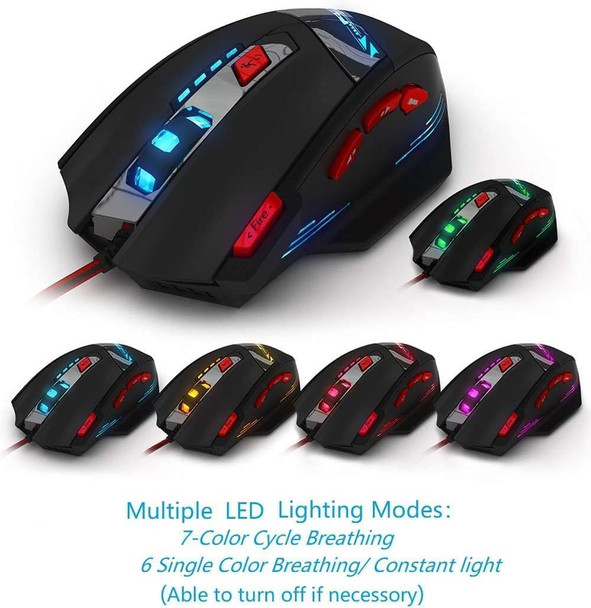 Granvela Zelotes T90 9200 DPI High Precision USB Wired Gaming Mouse for Big Hand,8 Buttons,7-Color LED Breathing Light, Weight Tuning Set (Black)
