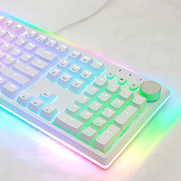 i-rocks K71M RGB Mechanical Gaming Keyboard with Media Control Knob, Gateron Switches (Blue), 107 Keys w/Full NKRO, PBT Keycaps, Multimedia Hotkeys, Detachable USB-C Cable and Onboard Storage, White