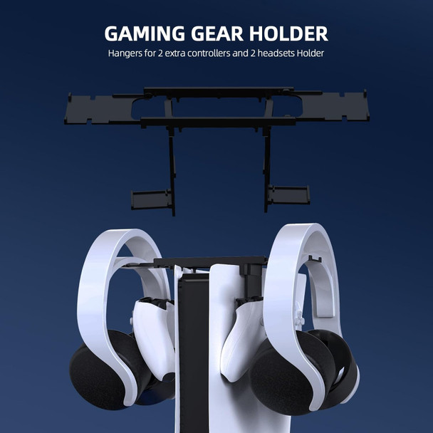 PS-5 Vertical Stand with Cooling Fan and Dual Controller Charger Station for Playstation 5 Console, PS-5 Accessories with Headset Hooker,14 Game Rack Storage, Media Remote Organizer