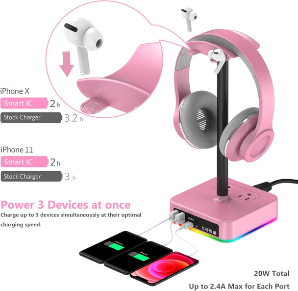 RGB Headphone Stand with USB Charger Desk Gaming Headset Holder Hanger Rack with 3 USB Charging Port and 2 Outlet - Suitable for Gamer Desktop Table Game Earphone Accessories Girlfriend