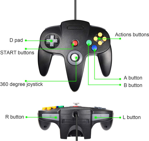 2 Pack Classic N64 USB Controller, kiwitat Retro N64 Wired Remote Game Pad Joystick Controller for Windows PC & Mac Raspberry Pi 3 Black