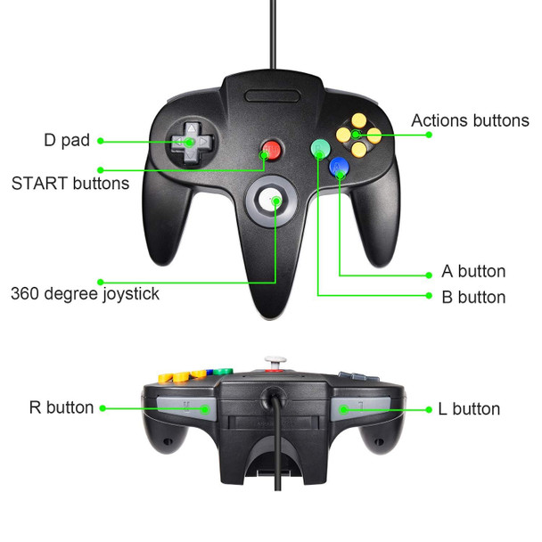 Classic N64 Controller, N64 Wired USB Remote Joystick Game Pad Joypad N64 emulator Controller for Windows XP 7 8 & MAC Raspberry Pi 3 Black