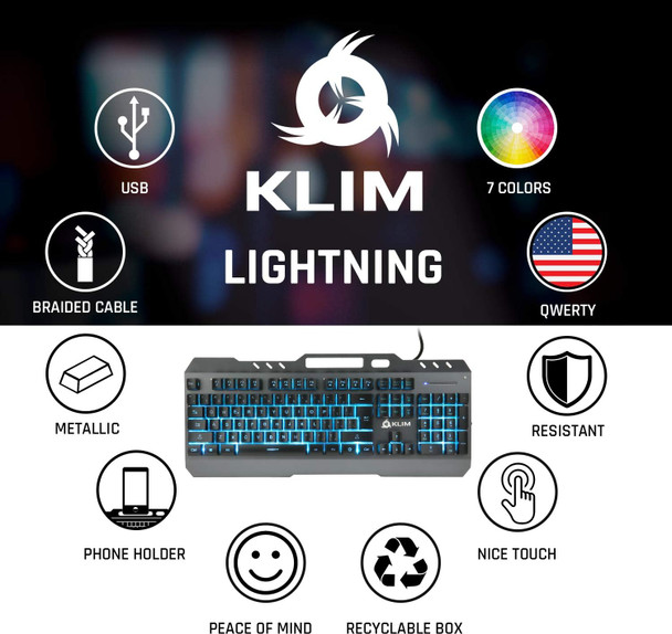 KLIM Lightning Gaming Keyboard - -7 LED Colors - Ergonomic Mechanical Feel Keyboard with Metal Frame - Compatible with PC Mac PS4 PS5 Xbox One - Wired Hybrid Keyboard