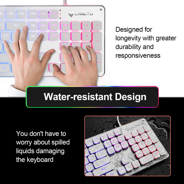 LANGTU Membrane Gaming Keyboard, Rainbow LED Backlit Quiet Keyboard for Office, USB Wired All-Metal Panel 25 Keys Anti-ghosting Computer Keyboard 104 Keys - L1 White/Silver…