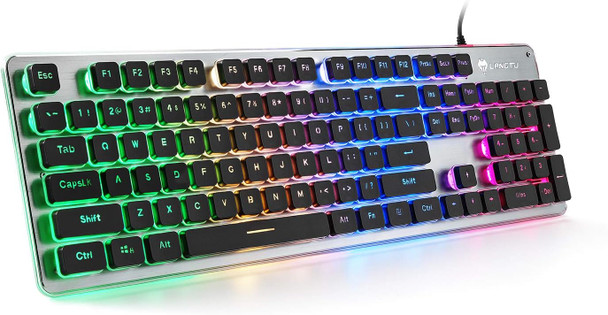 LANGTU Membrane Gaming Keyboard, Colorful LED Backlit Quiet Keyboard for Study, All-Metal Panel USB Wired 25 Keys Anti-ghosting Computer Keyboard 104 Keys - L1 Black/Silver…