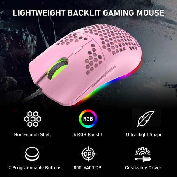 LexonElec 60% Mechanical Gaming Keyboard and Mouse Combo with Mouse Bungee Mouse Pad,Mini 68 Keys Wired Type C 18 Backlit Effects,Lightweight RGB 6400DPI Honeycomb Mice(Pink/Blue Switch)