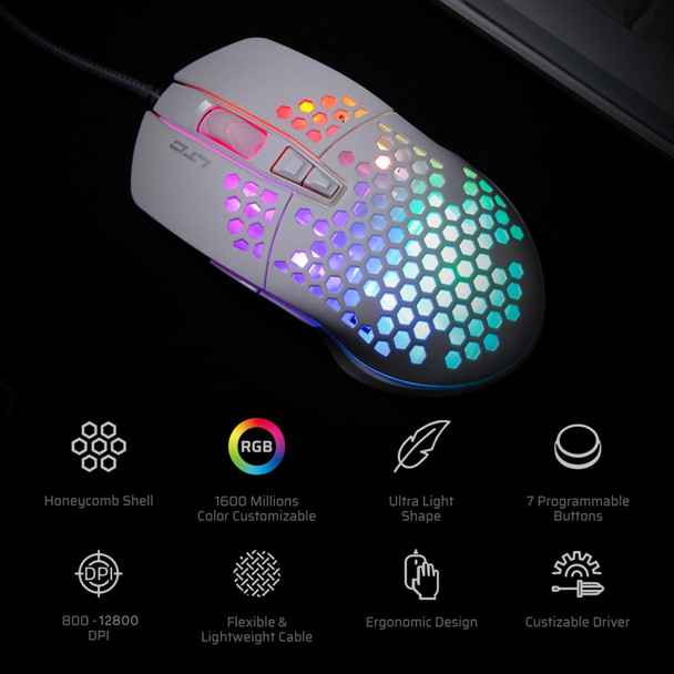 LTC Circle Pit HM-001 RGB Gaming Mouse with Lightweight Honeycomb Shell, Adjusted 12800DPI, 7 Programmable Buttons,White LTC Circle Pit HM-001 RGB Gaming Mouse with Lightweight Honeycomb Shell, Adjusted 12800DPI, 7 Programmable Buttons,White