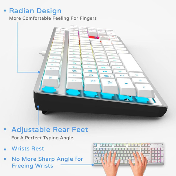 White Gaming Keyboard, Rainbow LED Backlit,19 Anti-ghosting Keys, USB Wired, Metal Panel, Ergonomic 104 Keys, Multimedia Control, Water-Resistant, Full Size, for Windows PC Mac Office Gamer