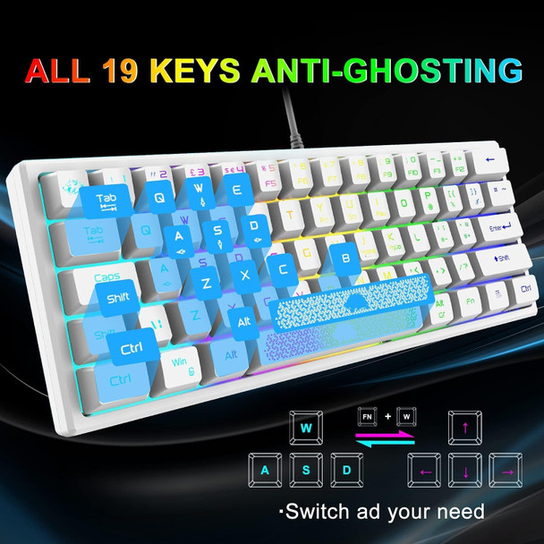 60% Gaming Keyboard and Mouse,Rainbow LED Backlit Gaming Keyboard with Wired Mini Portable Ergonomic 2400 DPI Ultralight Gaming Honeycomb Shell Mouse,Mouse Pad for Windows PC Gamers(White)