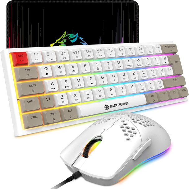 60% Gaming Keyboard and Mouse Combo,PBT Dye Sublimation Keycap,Wired Ergonomic Mechanical Keyboard+RGB Lightweight Honeycomb Mouse,12000 DPI Optical Sensor for PC/Mac (White/Red Switch)
