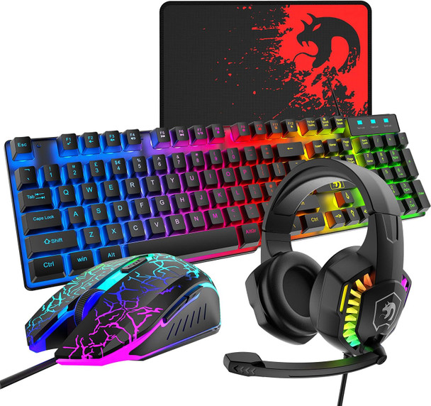 Wired Gaming Keyboard and Mouse Headset Combo,Rainbow LED Backlit Wired Keyboard,Over Ear Headphone with Mic,Rainbow Backlit Gaming Mice,Mouse Pad,for PC,Laptop,Mac,PS4,Xbox(Black)