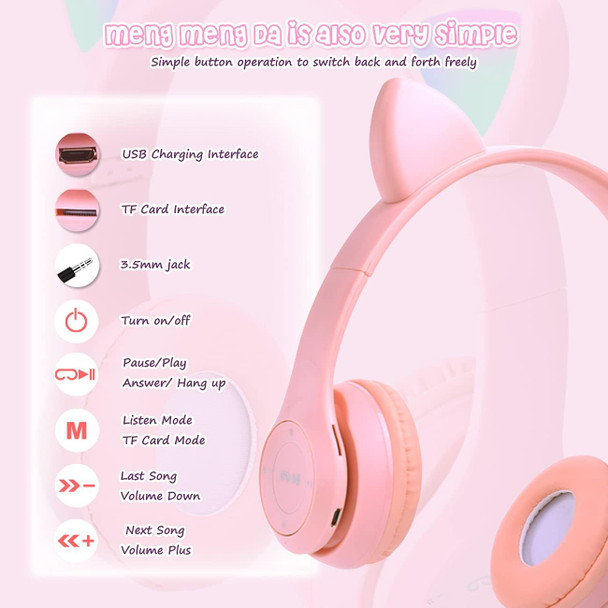 Pink Headphones for Kids, Megedream Cat Ear Led Light Up Kids Headphones Wiressless, 3.5mm Jack Wired, TF Card 3 in 1 Headset for Kids/School/iPad/Kids Tablet/Travel - Foldable Over