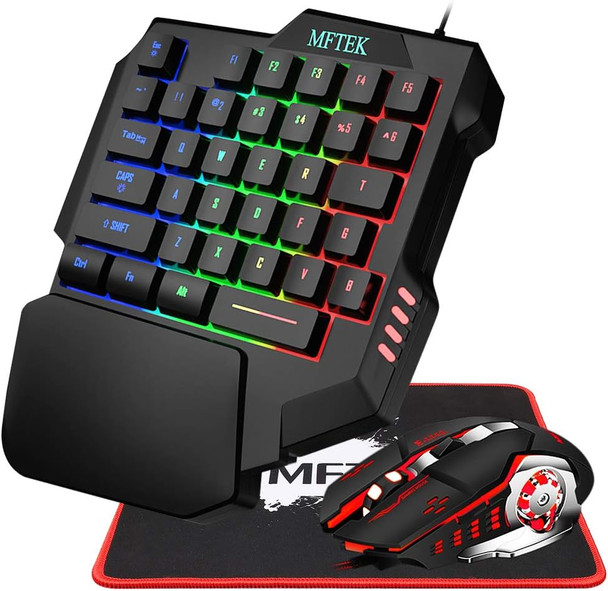 MFTEK One Hand Gaming Keyboard and Mouse Combo, RGB Rainbow Backlit One-Handed Mechanical Feeling Keyboard with Wrist Rest Support, USB Wired Keyboard Mouse and Mouse Pad Set for PC PS4 Gamer