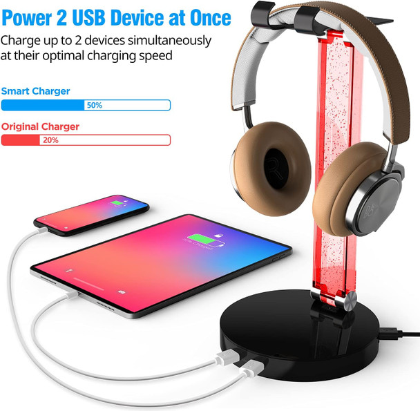 RGB Headphone Stand with 2 USB Charger Ports, Desk Gaming Headset Stand with Alloy Rotary Bearings, Headset Holder s for Gamers Desktop Table Game Earphone Accessories
