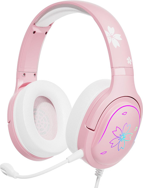 Mytrix Sakura Pink Cherry Blossoms Gaming Headset, 360° Rotation Mic, Soft Earmuff Wired Gaming Headphones for PS4, PS5, Xbox, PC & MAC, Switch, RGB Gradient Light Effect