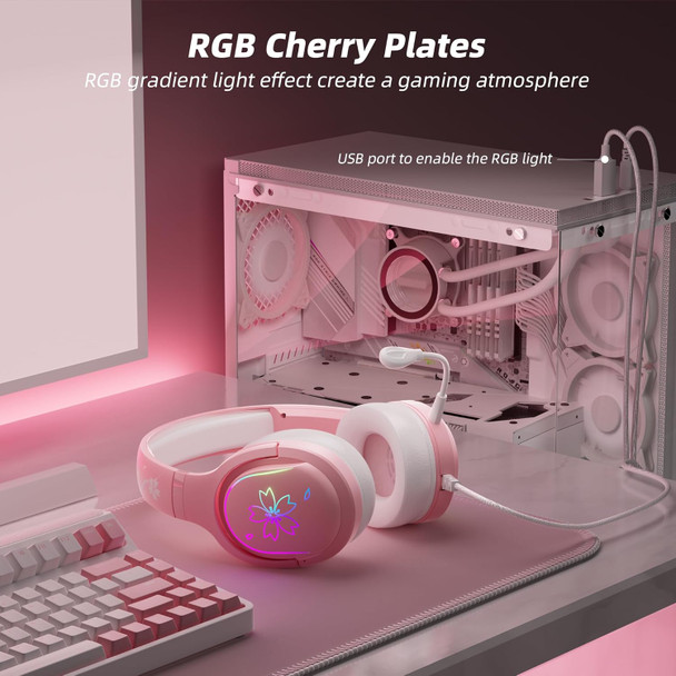 Mytrix Sakura Pink Cherry Blossoms Gaming Headset, 360° Rotation Mic, Soft Earmuff Wired Gaming Headphones for PS4, PS5, Xbox, PC & MAC, Switch, RGB Gradient Light Effect