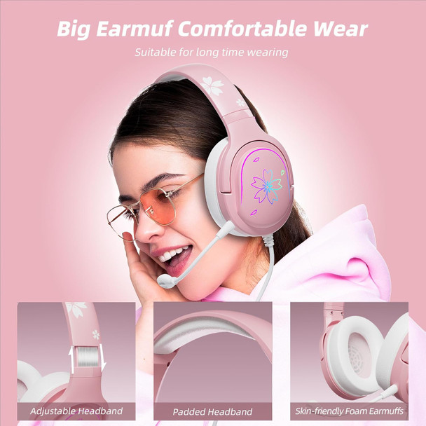 Mytrix Sakura Pink Cherry Blossoms Gaming Headset, 360° Rotation Mic, Soft Earmuff Wired Gaming Headphones for PS4, PS5, Xbox, PC & MAC, Switch, RGB Gradient Light Effect
