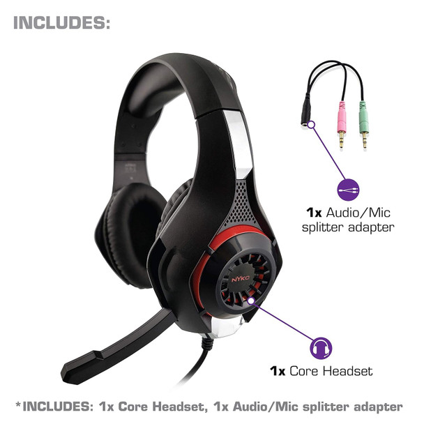 Nyko Core Universal Stereo Gaming Headset w/Retractable Microphone, Red LEDs & Soft Ear Cushions - Perfect for PS5, PS4, Xbox, PC & Nintendo Switch Gaming