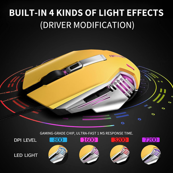 M9 Yellow Gaming Mouse Wired,7200 DPI Optical Sensor,6 Programmable Buttons,4 Color Backlight,Wired Gaming Mouse Windows PC Laptop&Mac