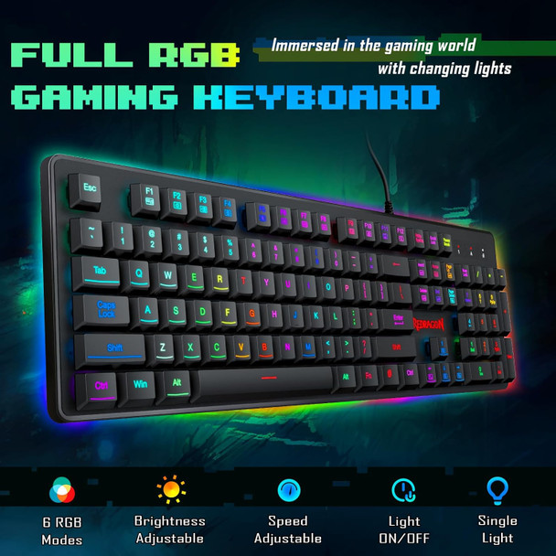 Redragon K509-RGB PC Gaming Keyboard 104 Key Quiet Low Profile RGB Keyboard Backlit Dyaus Mechanical Feel Keyboard for Windows PC (Without Edge Side Light Illumination)
