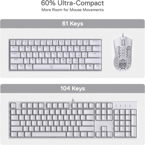 Redragon K630 Dragonborn 60% Wired RGB Gaming Keyboard, 61 Keys Compact Mechanical Keyboard with Linear Red Switch, Pro Driver Support, White
