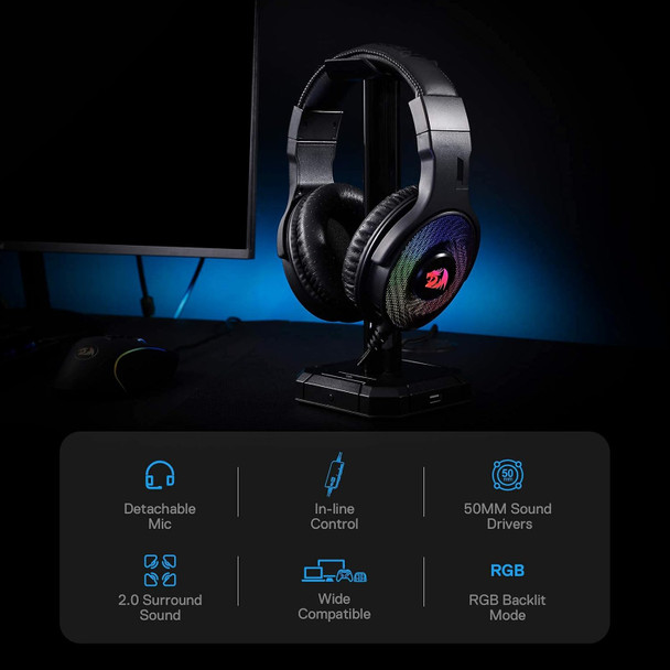 Redragon H350 RGB Wired Gaming Headset, Dynamic RGB Backlight - Stereo Surround-Sound - 50MM Drivers - Detachable Microphone, Over-Ear Headphones Works for PC/PS4/XBOX One/NS