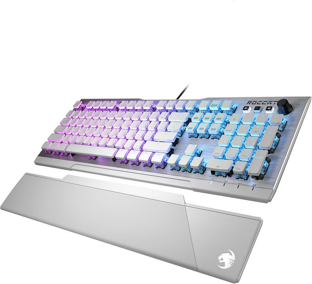 ROCCAT Vulcan 122 Mechanical PC Tactile Gaming Keyboard, Titan Switch, AIMO RGB Backlit Lighting Per Key, Detachable Palm/Wrist Rest, Anodized Aluminum Top Plate, Full Size, White/Silver