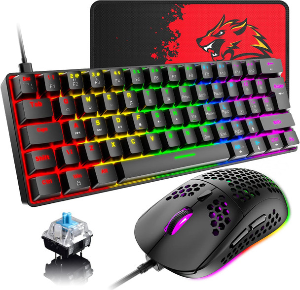 60% Wired Mechanical Gaming Keyboard and Mouse Combo, Ultra-Compact Mini 62 Keys Type C Chroma 20 RGB Backlit Effects,RGB Backlit 6400 DPI Lightweight Gaming Mouse with Honeycomb Shell for PC/Mac