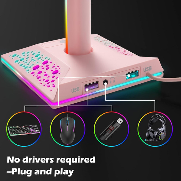 d RGB Gaming Headphones Stand, Headset Stand with 3.5mm AUX and 2 USB Charging Ports, Headphone Holder with 10 Light Modes and Memory Feature for Gamers PC Earphone Accessories Desk