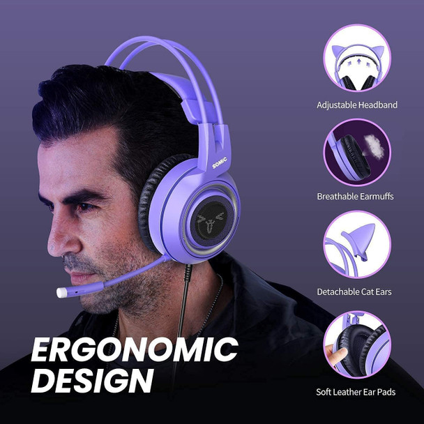 SOMIC G951S Purple Stereo Gaming Headset and Black Headphone Stand for PS4, PS5, Xbox One, PC, Mobile Phone, 3.5MM Sound Detachable Cat Ear Headphones