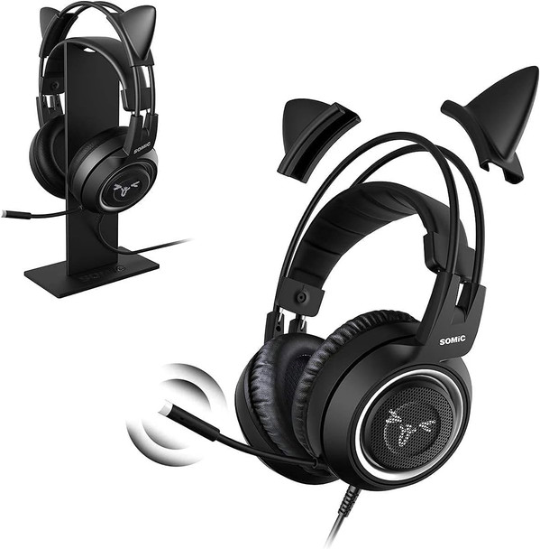 SOMIC G951S Black Stereo Gaming Headset and Black Headphone Stand for PS4, PS5, Xbox One, PC, Mobile Phone, 3.5MM Sound Detachable Cat Ear Headphones