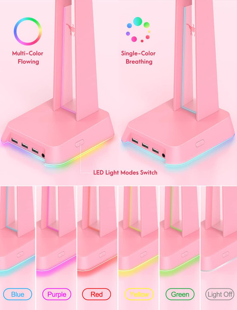 RGB Headphones Stand with 3.5mm AUX and 3 USB 2.0 Ports, Gaming Headset Holder Hanger with Non-Slip Rubber Base for SOSISU Gaming Headset(Not Included), PC, Desktop (Pink)