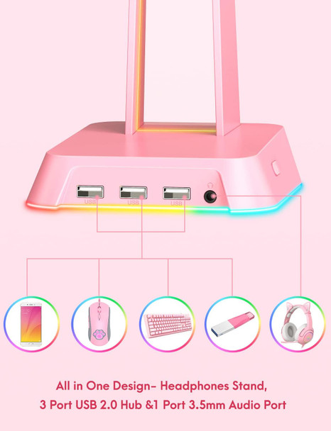 RGB Headphones Stand with 3.5mm AUX and 3 USB 2.0 Ports, Gaming Headset Holder Hanger with Non-Slip Rubber Base for SOSISU Gaming Headset(Not Included), PC, Desktop (Pink)