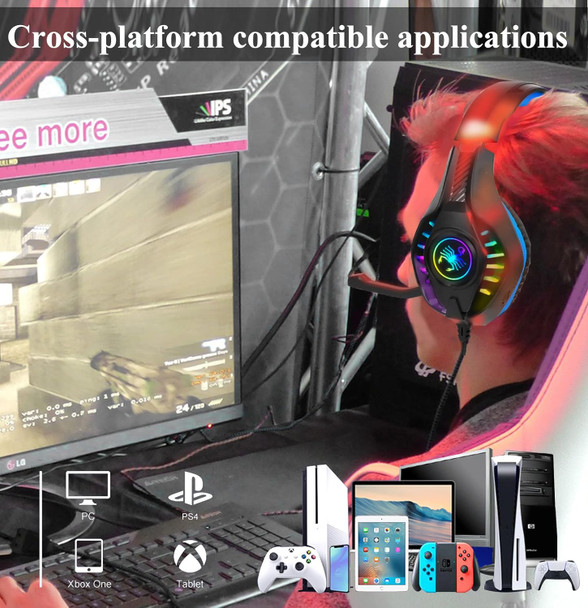 SVYHUOK Pro Gaming Headset for PC PS4 Xbox One Surround Sound Over-Ear Headphones with Mic LED Light Bass Surround Soft Memory Earmuffs for Computer Laptop Switch Games Kid’s Boy’s Teen’s s