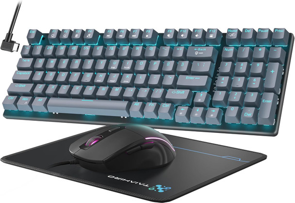 Mechanical Gaming Keyboard and Mouse, 98 Keys LED Backlit Keyboard with Gray Floating Keycap Blue Switch, Ergonomic RGB Gaming Mouse with Mouse Pad Combo, Anti-Ghost Wired Keyboard for PC Laptop Gamer