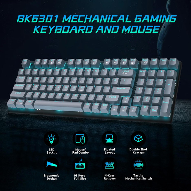 Mechanical Gaming Keyboard and Mouse, 98 Keys LED Backlit Keyboard with Gray Floating Keycap Blue Switch, Ergonomic RGB Gaming Mouse with Mouse Pad Combo, Anti-Ghost Wired Keyboard for PC Laptop Gamer