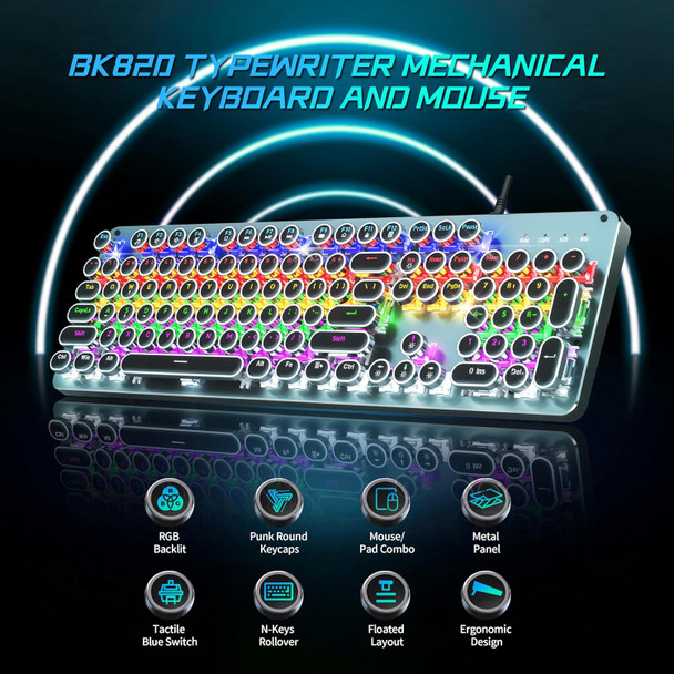 Typewriter Mechanical Gaming Keyboard with Mouse, Metal Panel Retro Keyboard with Round Keycap Blue Switch, RGB Backlit 104 Keys Anti-Ghost Wired Keyboard Mouse and Pad Combo for PC Laptop Mac Gamer