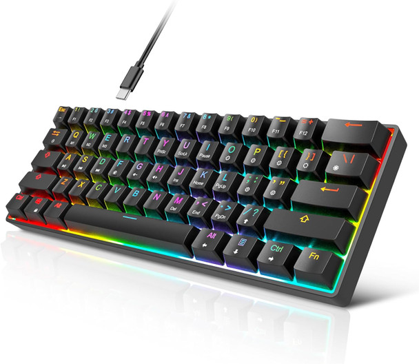 60% Mechanical Gaming Keyboard - 61 Keys Gateron Blue Switch Quiet Office Computer Keyboard - Multi Color RGB Rainbow Led Backlit - Programmable for PC/Windows/Mac/Gamer - USB Wired - Black